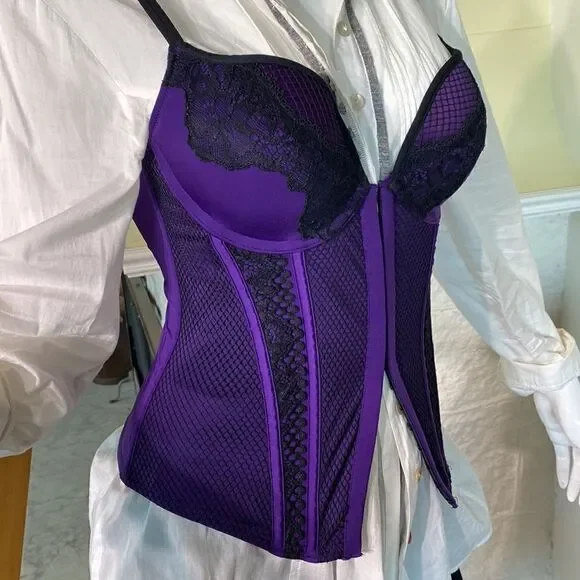 La SENZA Bustier Purple Black Lace Open Cross Back Medium - Picture 11 of 16